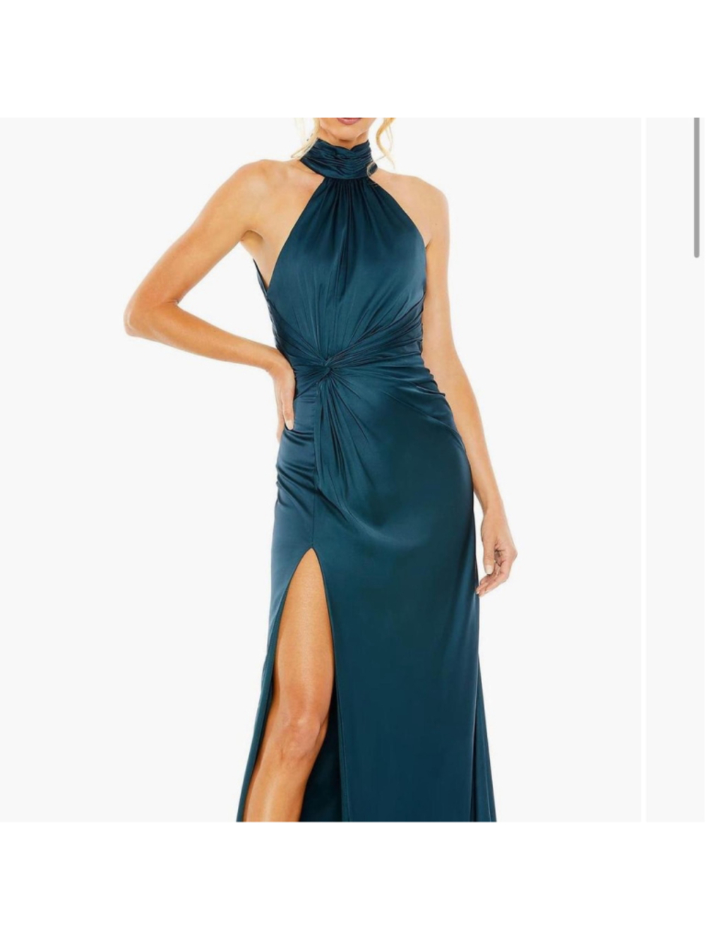 Ieena for Mac Duggal teal pleated open back high neck side ruched gown